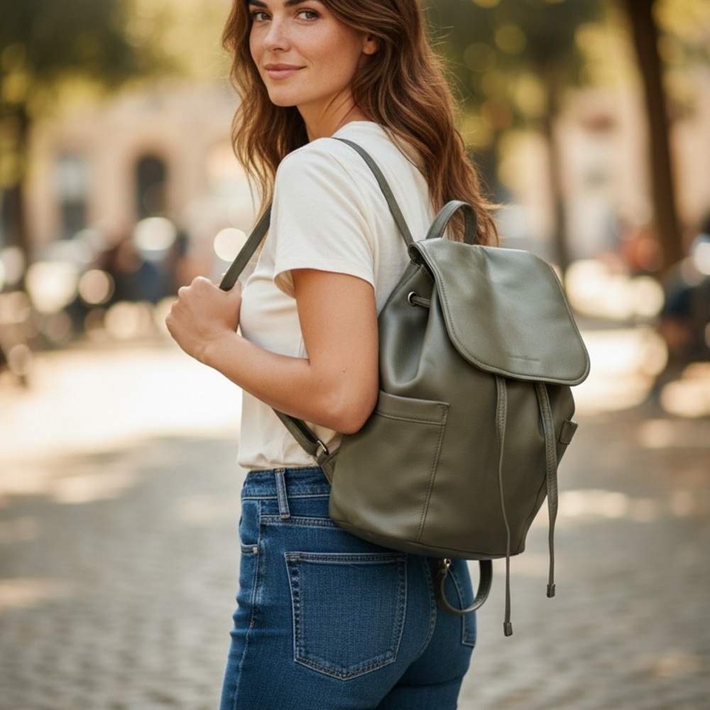 Elizabeth and James Olive Green Leather Backpack